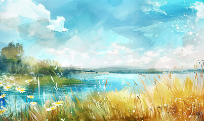 Painterly river landscape with wildflowers