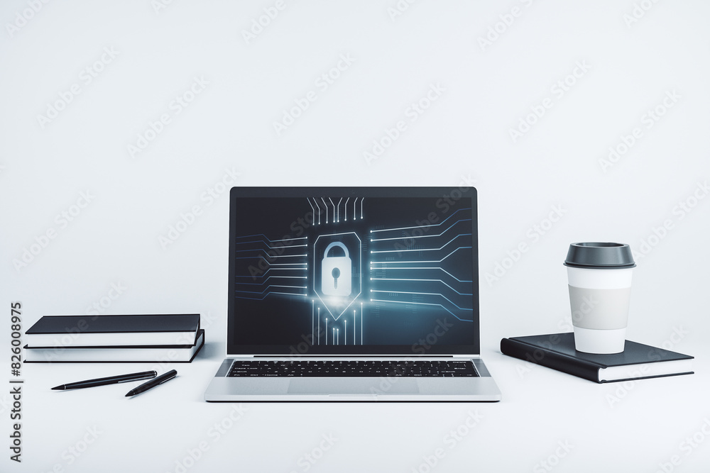 Poster Modern computer monitor with creative lock hologram and chip. Information security concept. 3D Rendering