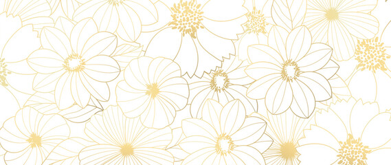 Luxury golden wild flower line art background vector. Natural botanical elegant flower with gold line art. Design illustration for decoration, wall decor, wallpaper, cover, banner, poster, card.