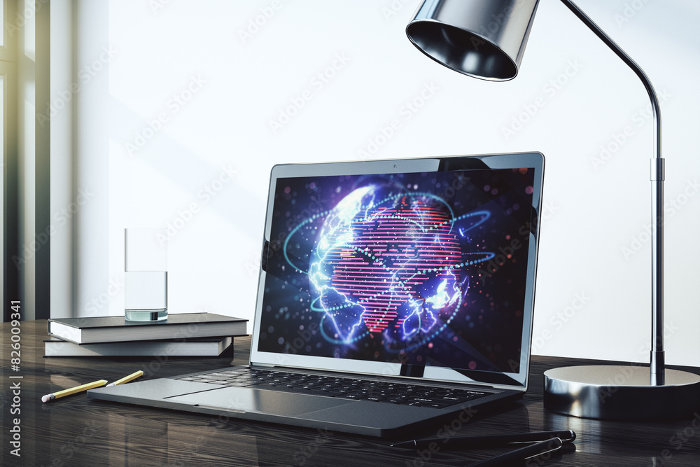 Leinwandbilder abstract digital world map with connections on modern computer monitor, big data and blockchain conc