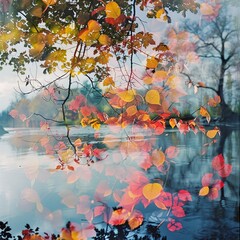 Autumn riverbank, close up, vibrant foliage, Double exposure silhouette with fallen leaves