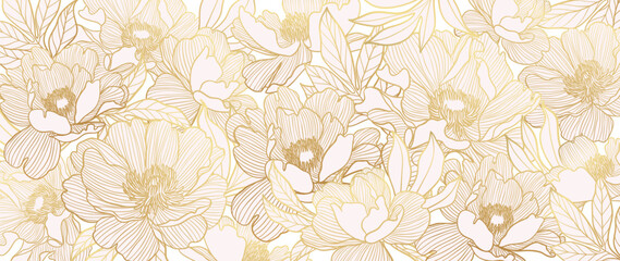 Luxury golden peony flower line art background vector. Natural botanical elegant flower on light background. Design illustration for decoration, wall decor, wallpaper, cover, banner, poster, card. © TWINS DESIGN STUDIO
