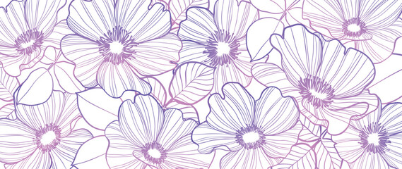 Luxury wild flower line art background vector. Natural botanical elegant flower with purple and pink line art. Design illustration for decoration, wall decor, wallpaper, cover, banner, poster, card.