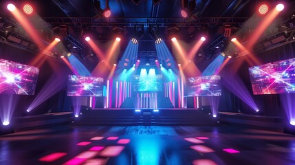 High-energy online concert stage setup with colorful strobe lights, giant digital displays, and a...