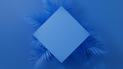 Blue, Palm Plant Border with Diamond Botanical Frame. Contemporary Background with copy-space.