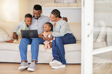 Black family, laptop and kids on sofa for video, streaming on internet for digital subscription...