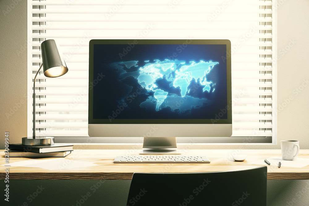 Leinwandbilder computer monitor with abstract creative digital world map, globalization concept. 3d rendering