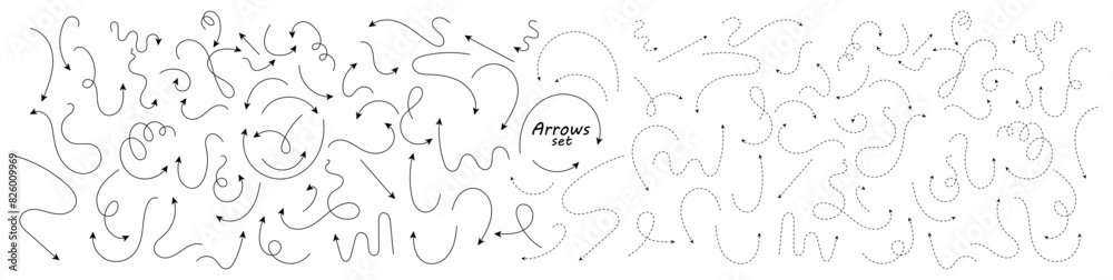 Poster big set of hand drawn thin line and dash line arrows. collection of black curved vector pointers poi