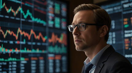 Fototapeta premium intersection of technology and finance in this documentary, featuring illuminated bar graphs and detailed trading charts as the backdrop