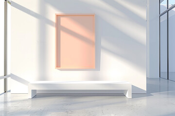 Contemporary art gallery at sunrise with a white bench and blank peach frame, 3D visualization