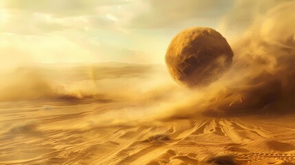 A tumbleweed rolling through a desert landscape, with a trail of sand particles following it