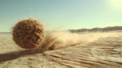 A tumbleweed rolling through a desert landscape, with a trail of sand particles following it