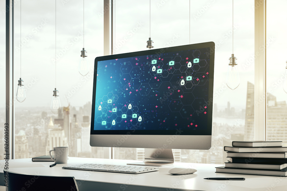 Aufkleber Creative abstract medical hologram on modern computer monitor, online medical consulting concept. 3D Rendering