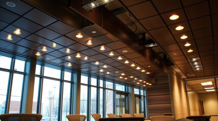 An electrician wiring new lighting fixtures above a conference room table on the second floor.