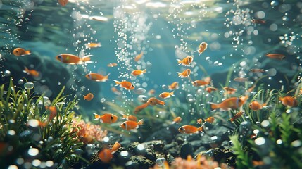 A underwater scene with schools of fish and particles of plankton and bubbles