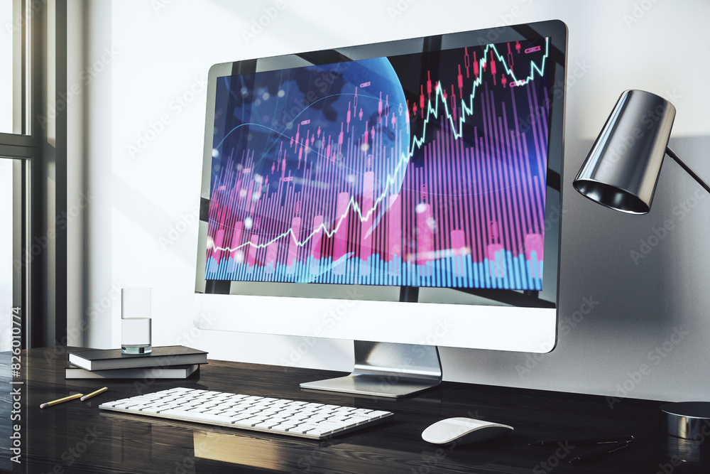 Poster abstract creative financial graph with world map on modern laptop screen, forex and investment conce