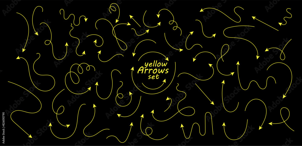 Poster set of hand drawn thin line arrows. collection of curved pointers. black vector pointers pointing in