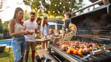 An outdoor BBQ with family members of all ages grilling, eating, and socializing in a backyard - Powered by Adobe