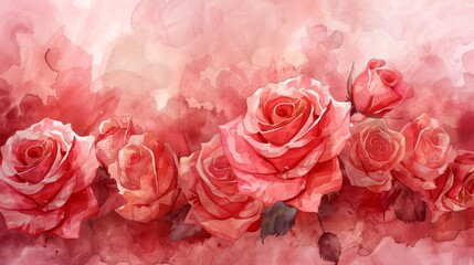 A beautiful watercolor painting featuring vibrant pink and red roses in full bloom, set against a soft, dreamy background.