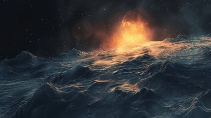 Abstract cosmic landscape with a fiery celestial body rising over wavy terrain, blending elements of space and ocean. Fantasy sci-fi scene.