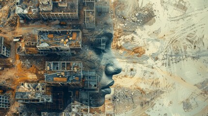 The portrait of a young man's face is depicted in a cubism style.