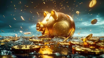 Golden piggy bank surrounded by floating coins in an artistic depiction of wealth, financial growth, and investment opportunities.