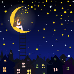 The girl sleeps on the moon in an embrace with a teddy bear. Fairy Baby Drawing for Illustrating Books Websites and Covers. Vector illustration the girl climbed the ladder to the moon and fell asleep