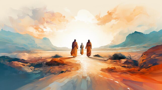  Jesus walking with two disciples on the road to Emmaus, capturing the moment of revelation and recognition in a traditional oil painting style