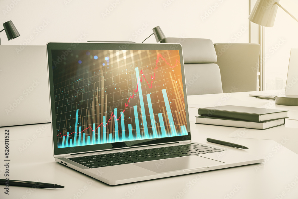 Poster abstract creative financial graph on modern laptop monitor, forex and investment concept. 3d renderi