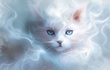 Fototapeta premium A white cat with blue eyes rendered in a fantasy art style.