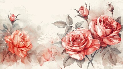 Elegant watercolor painting of blooming pink roses with buds and green leaves on a soft, pastel background.