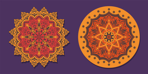 Ethnic decorative rug. Mats for yoga, meditation. Set of mandalas with floral ornaments.