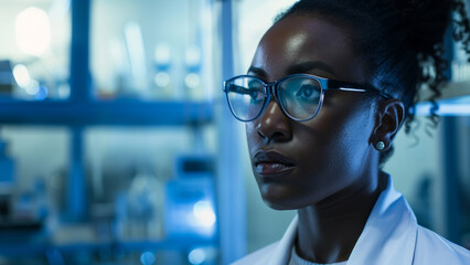 Determined female scientist with glasses working late in the lab.
