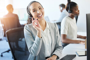 Female agent, portrait and telemarketing in call center for communication, crm and consulting in...