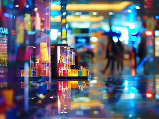 Colorful blurred abstract image of a brightly lit shopping mall with focus on perfume bottles in a display case.