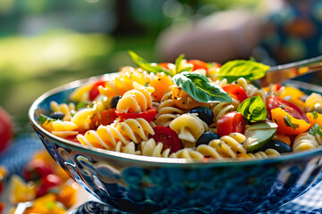 Pasta salad in a bowl outdoors