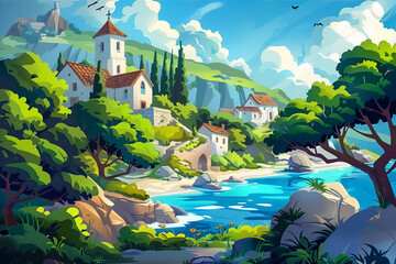 Summer background with church on the coast, cartoon sea landscape for product preview, backdrop for product preview