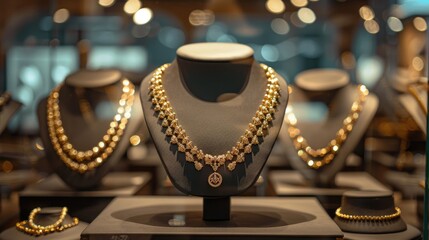 Display of gold necklaces on a stand