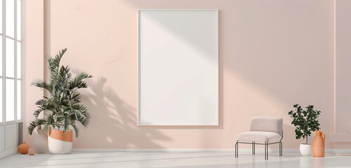 Blank white wall mockup in gallery with peach accents, modern gallery concept,