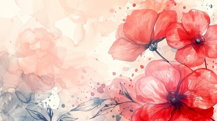 Red watercolor flowers. Delicate floral background.