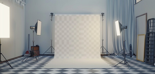 Dynamic photography studio with a versatile backdrop screen mockup, ideal for creative shoots and artistic projects.