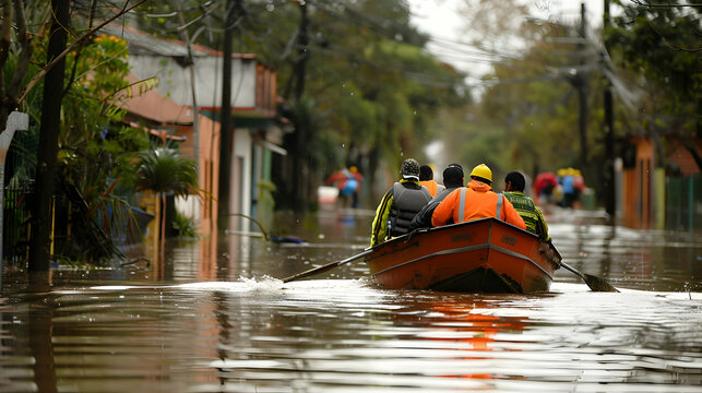 Rescue workers in boats and rafts help victims of flooding after heavy rains and floods.