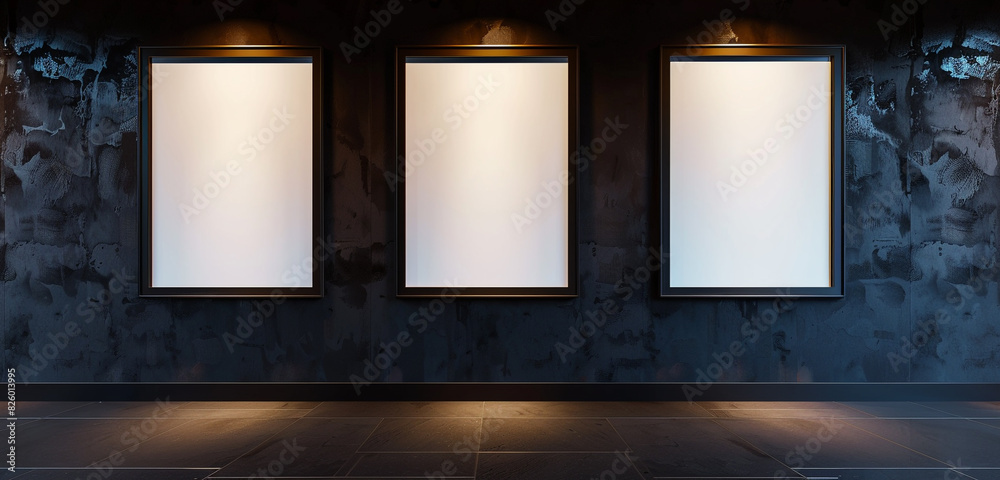 Wall mural urban-style gallery setting with three blank frames on a glossy jet black wall, evenly lit, 3d rende