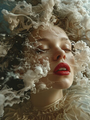 Fototapeta premium A creative portrait featuring a person with the central part of the face and body artistically obscured by a blurred rectangle, set against an ethereal backdrop