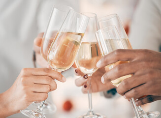 Hands, toast or business people in office party in celebration of target or success, support or growth. Champagne, bonus and cheers with team, wine glass or group of friends at work for winning goal