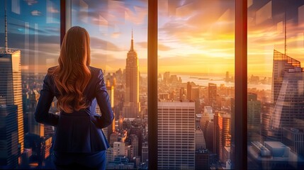 A businesswoman gazes at a breathtaking cityscape during sunset from a modern high-rise office building, contemplating the bustling urban life.