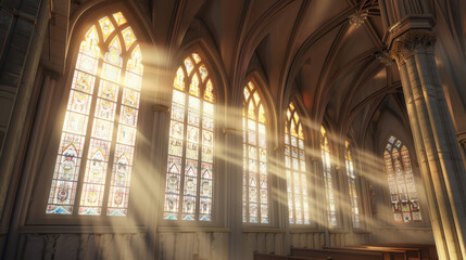 Naklejka premium Sunbeams filter through stained glass, bathing a church interior in ethereal light.