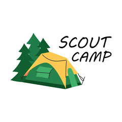 Tent with Christmas trees and the inscription Scout Camp. Vector illustration for emblem, logo, Summer camp, eps 10