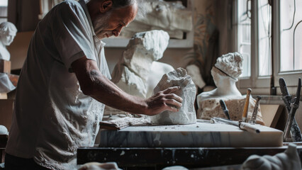 Sculptor intently shapes a bust in his studio, surrounded by artworks-in-progress.