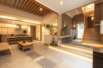 Living room with coffee table, stairs, furniture, wood flooring in house